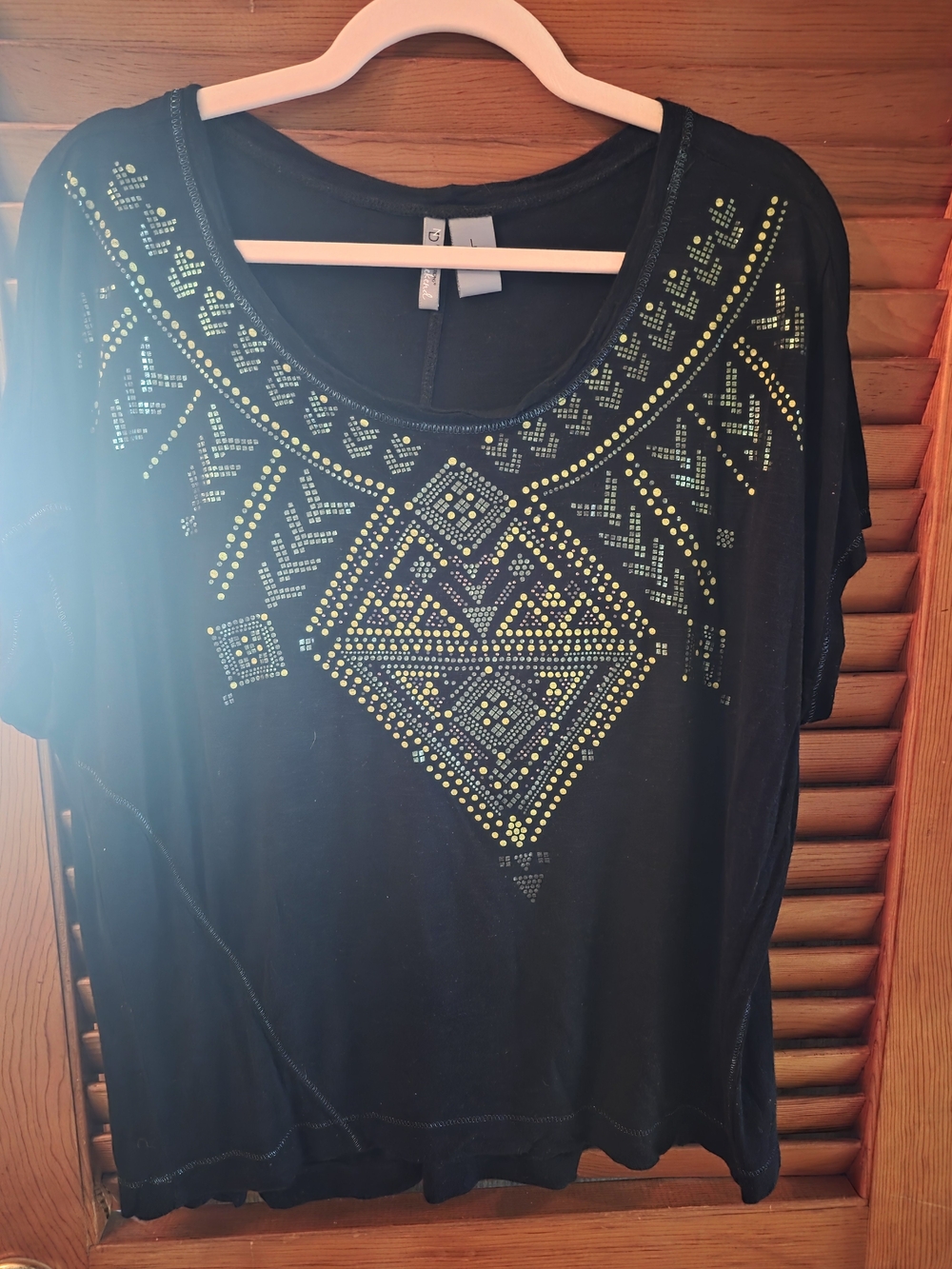 new directions Black Short-Sleeve Top with Gold Studded Geometric Design